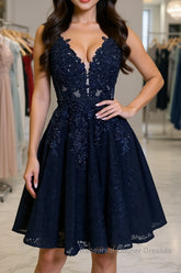 A Line V Neck Short Dark Navy Blue Lace Semi Formal Prom Dresses, Dark Navy Blue Lace Homecoming Graduation Dresses